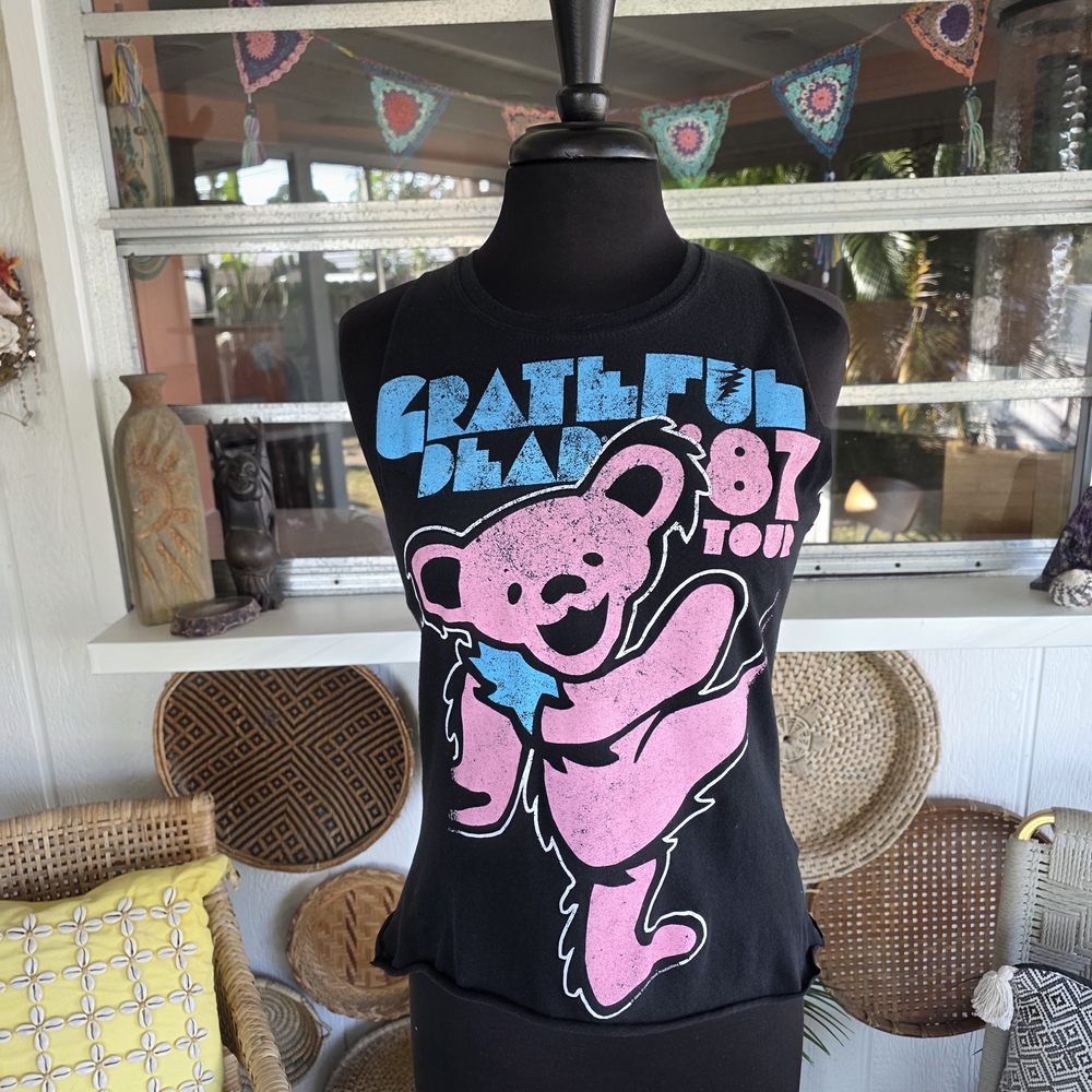 Grateful Dead Custom Cut Cropped Black Tank Top with Pink and Blue Bear M? - Picture 2 of 15